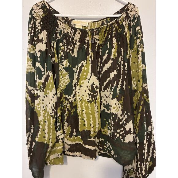 Michael Kors 100% Silk green camo print blouse 3X plus size ruched neckline Boho - Picture 15 of 16
